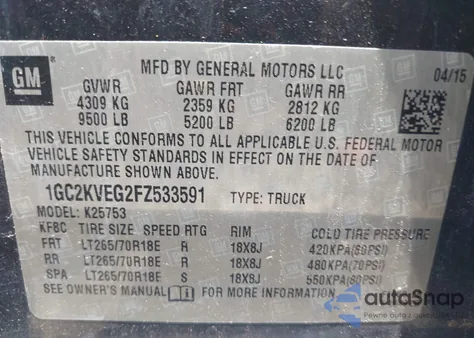 2015 Chevrolet Silverado 2500Hd Lt from USA, damaged, VIN 1GC2KVEG2FZ533591